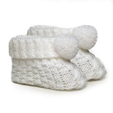 S443-W: White Check Bootees w/Pom Pom